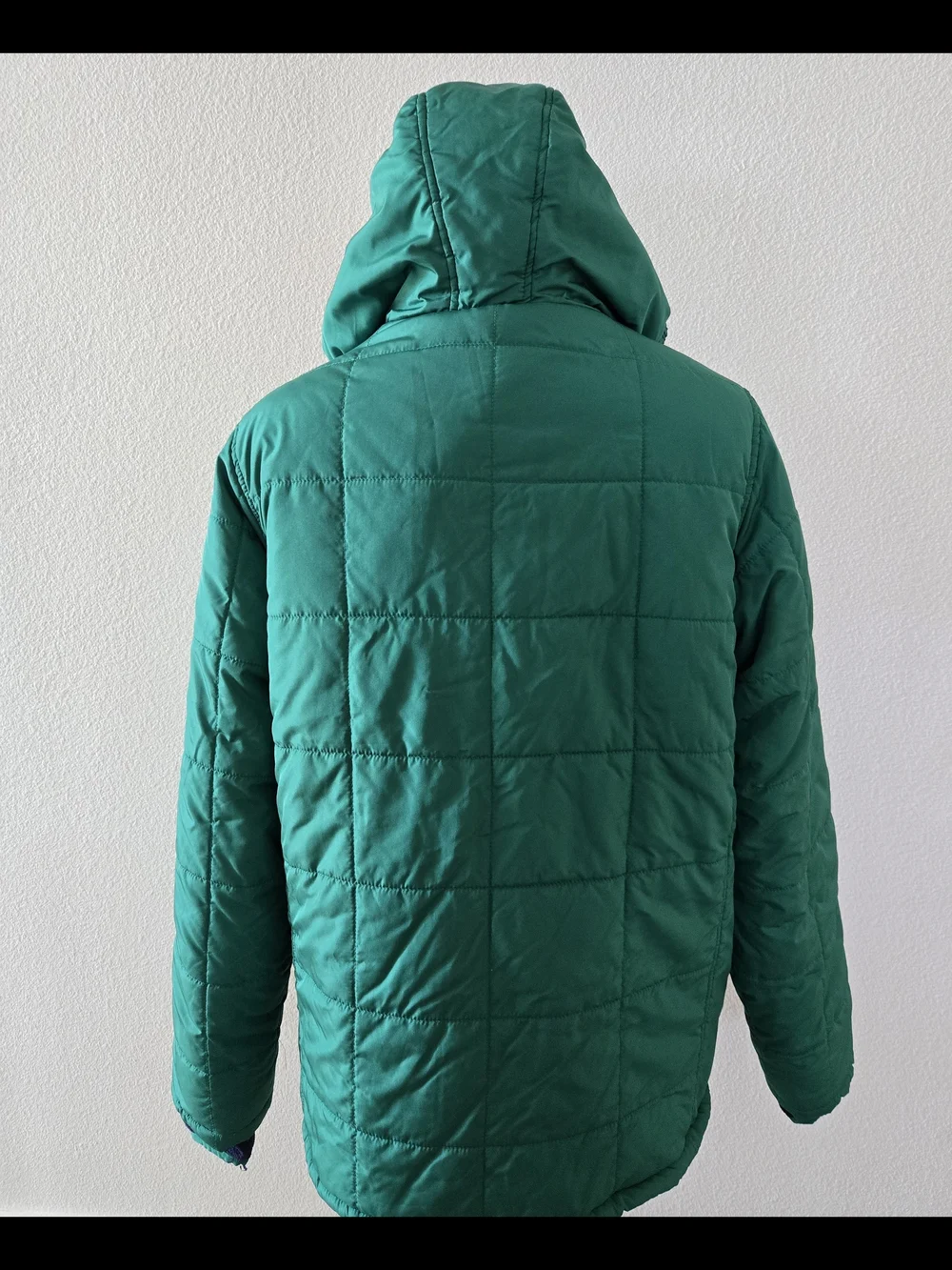 Lands' End Green Hooded Puffer Jacket Navy Lined W/ Optional fleece Thumb Holes